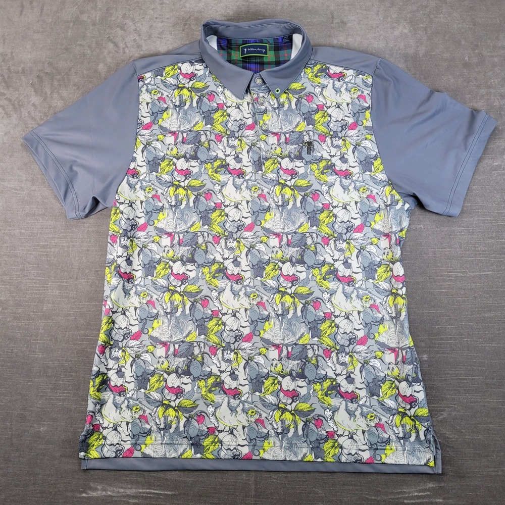William Murray Golf Polo Shirt Mens Large Gray Sloth Elephant Print Short Sleeve